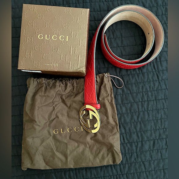 Gucci Interlocking Gold Buckled Red Monochrome Belt - Picture 4 of 6